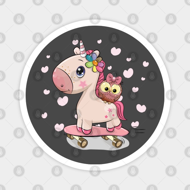 Cute pink little unicorn and owl on a skateboard Magnet by playmanko